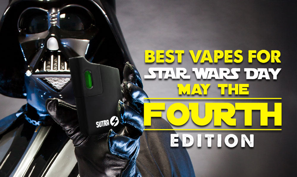 Darth Vaper holding the Sutra Mini with grey background and text
